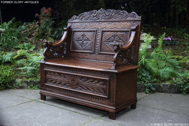 Image 115 of VICTORIAN CARVED OAK MONKS BENCH BOX SETTLE PEW CHEST