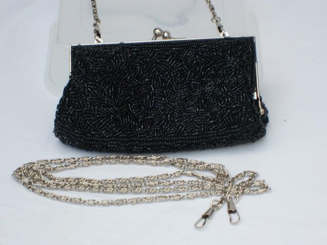 Image 2 of Black Beaded Snap Top Handbag/Clutch & 2 Chain Straps - NEW