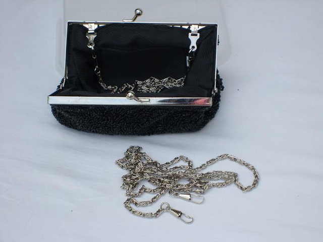 Image 3 of Black Beaded Snap Top Handbag/Clutch & 2 Chain Straps - NEW