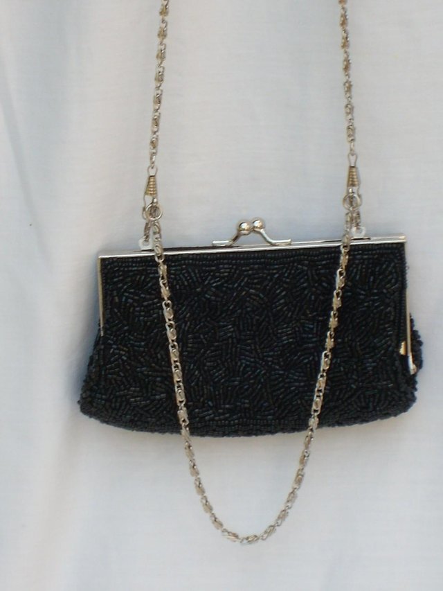 Preview of the first image of Black Beaded Snap Top Handbag/Clutch & 2 Chain Straps - NEW.