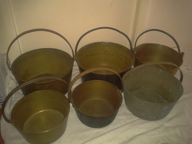 Preview of the first image of Antique heavy brass Jam,Marmalade preserve pans,choice of6.