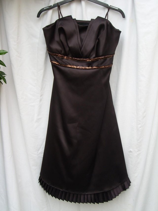 Preview of the first image of NEXT Strapless Brown Satin Prom Dress - Size 12.