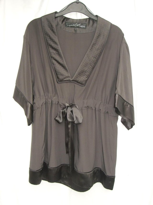 Preview of the first image of NEXT SIGNATURE Grey/Black Silk Top - Size 16.