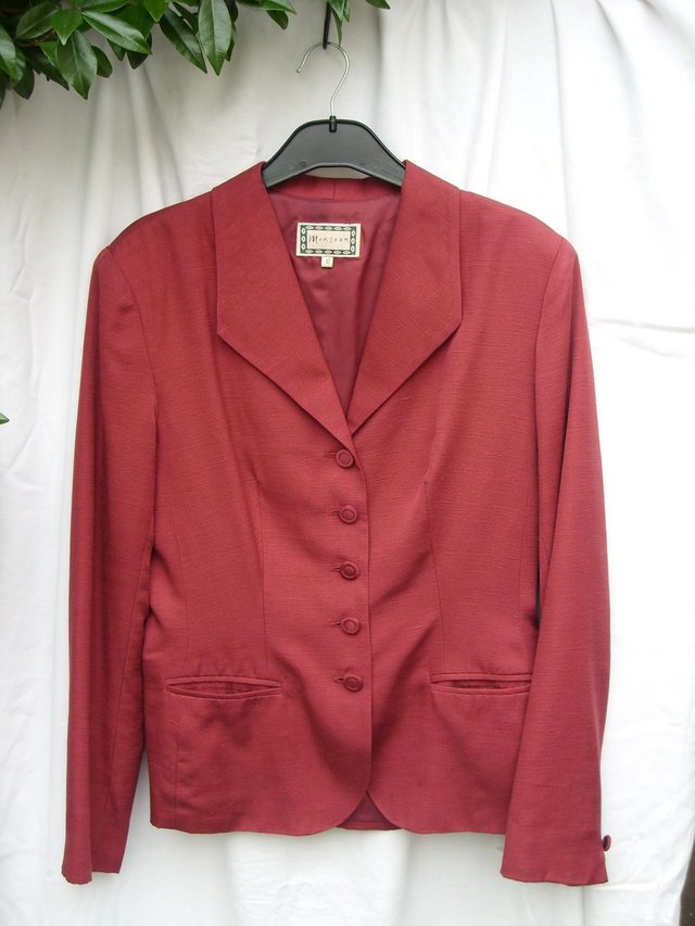 Preview of the first image of MONSOON Dark Red Silk Jacket – Size 12.