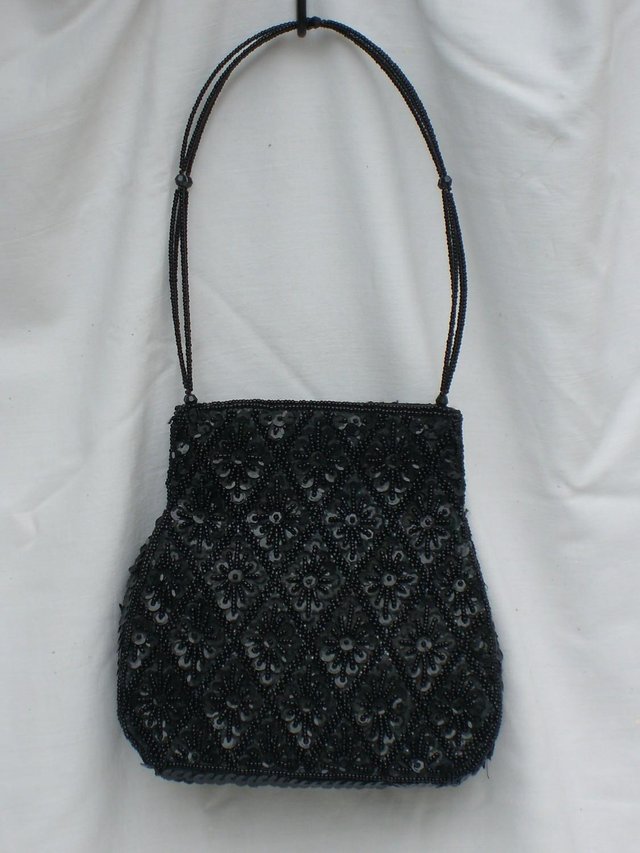 Preview of the first image of Black Bead/Sequin Handbag With Beaded Handles NEW!.