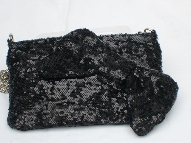Image 2 of Black Sequin Cross Body Evening Handbag With Bow Detail
