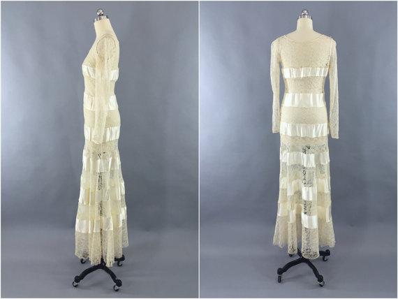 Preview of the first image of VINTAGE BRIDE 1930 Dress Lace Satin Wedding Dress ART DECO.
