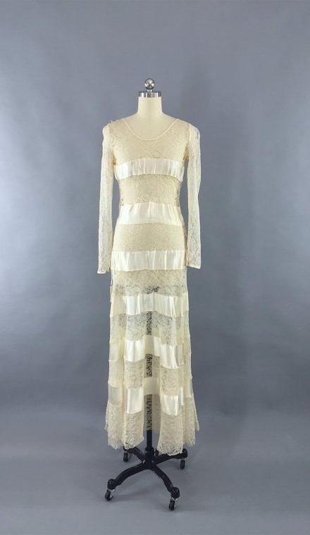 Image 2 of VINTAGE BRIDE 1930 Dress Lace Satin Wedding Dress ART DECO