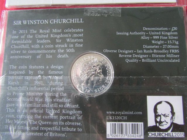Image 2 of 2015 SIR WINSTON CHURCHILL  UK £20 FINE SILVER COIN.