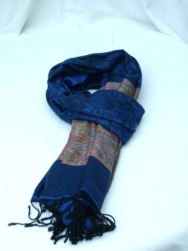 Image 2 of Blue Pashmina Scarf With Pink Detail - NEW