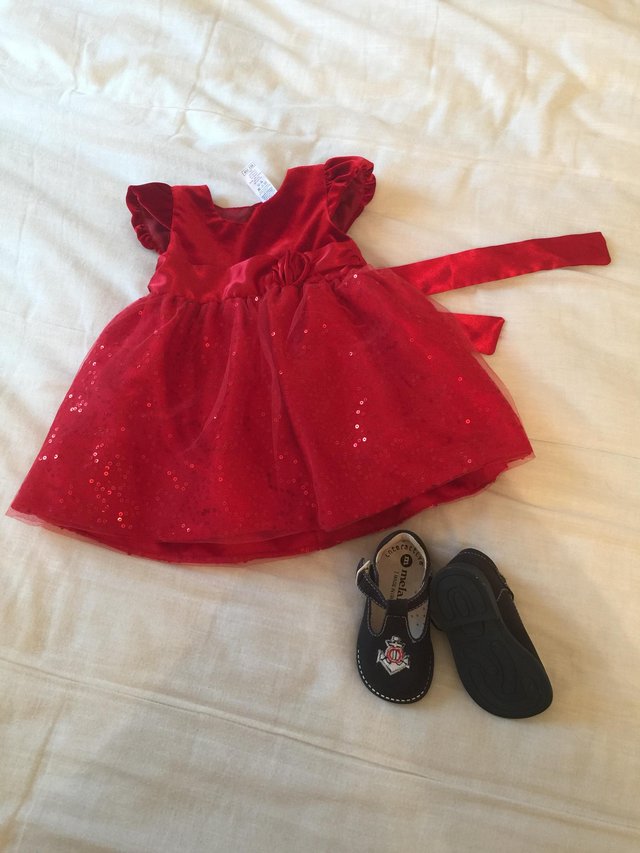 Preview of the first image of 3-6 months designer party dress and shoes.