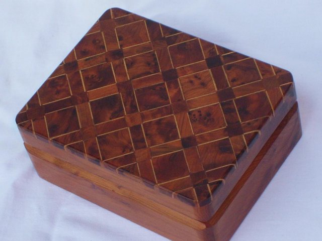 Preview of the first image of Vintage Hand Crafted Burr Wood & Metal Inlay Box.