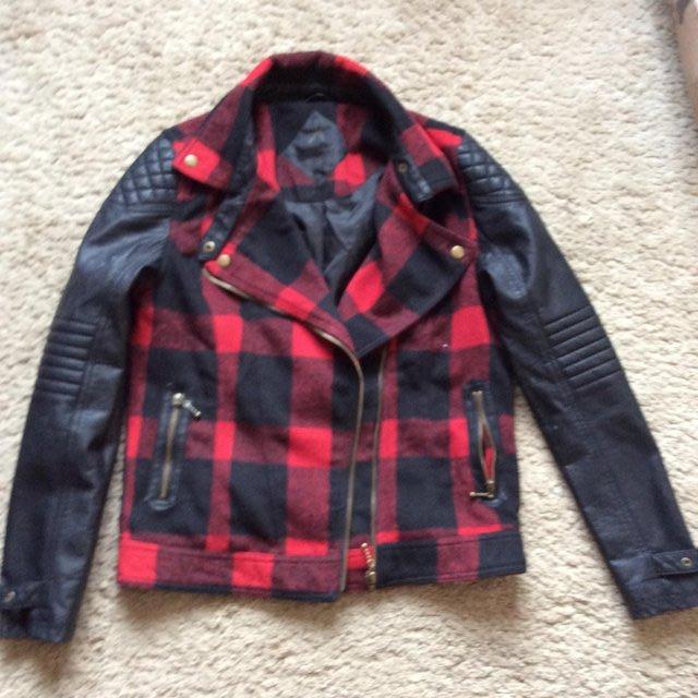 Preview of the first image of Ladies tartan and leather look biker jacket size 10.