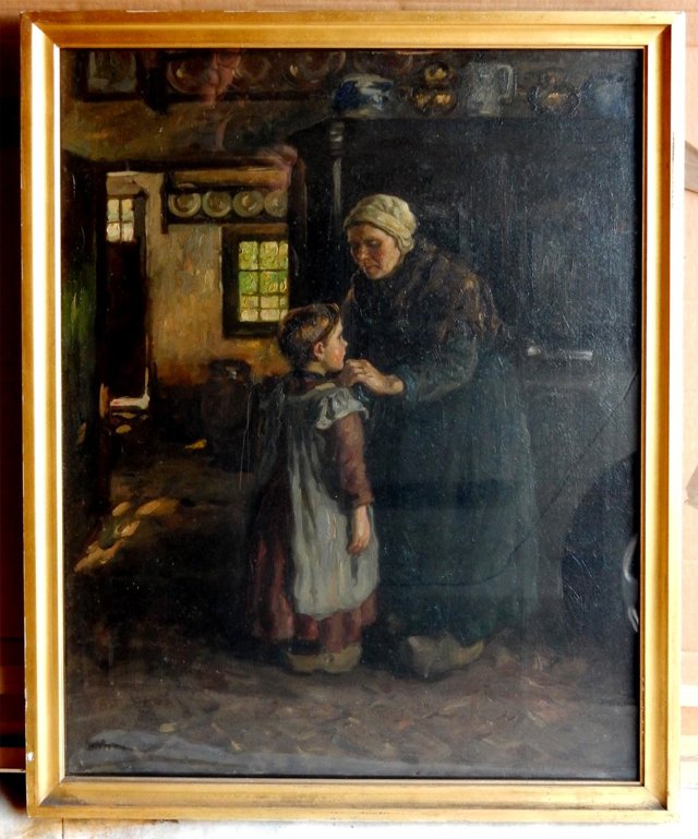 Preview of the first image of Oil painting by John Patrick Downie, Granny's Care.