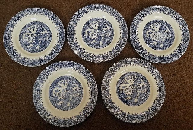 Preview of the first image of 5 Vintage Collectable Blue "Willow" design Side Plates.