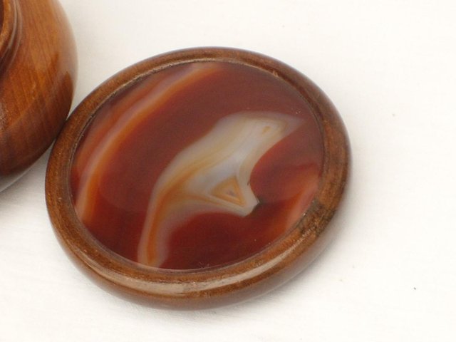 Image 2 of Vintage Turned Wood Pot With Agate Inlay Lid
