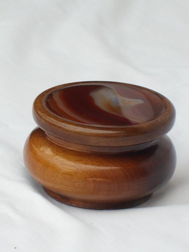 Image 3 of Vintage Turned Wood Pot With Agate Inlay Lid