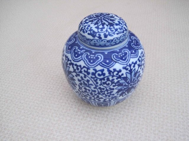 Preview of the first image of Blue and white delphGinger Pottery jar with lid.