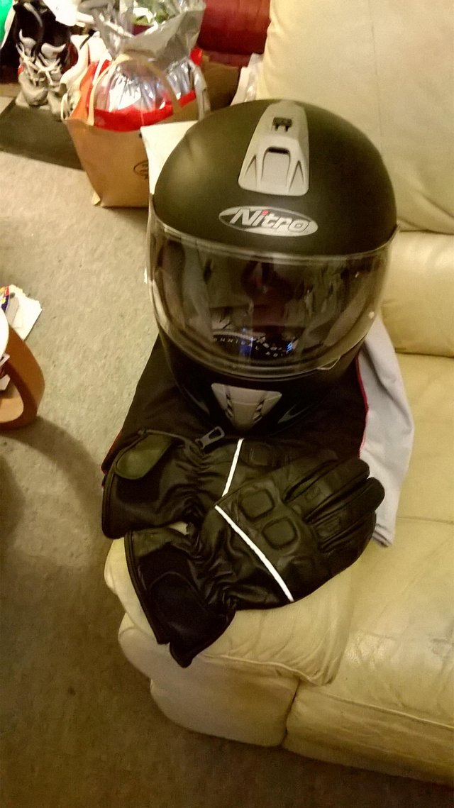 Image 2 of nitro crash helmet and leather gloves sizes medium to large