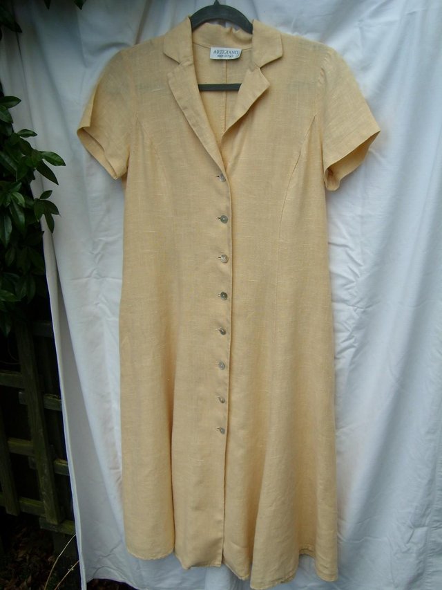 Preview of the first image of ARTIGIANO Yellow Linen Button Front Dress – Size 12.