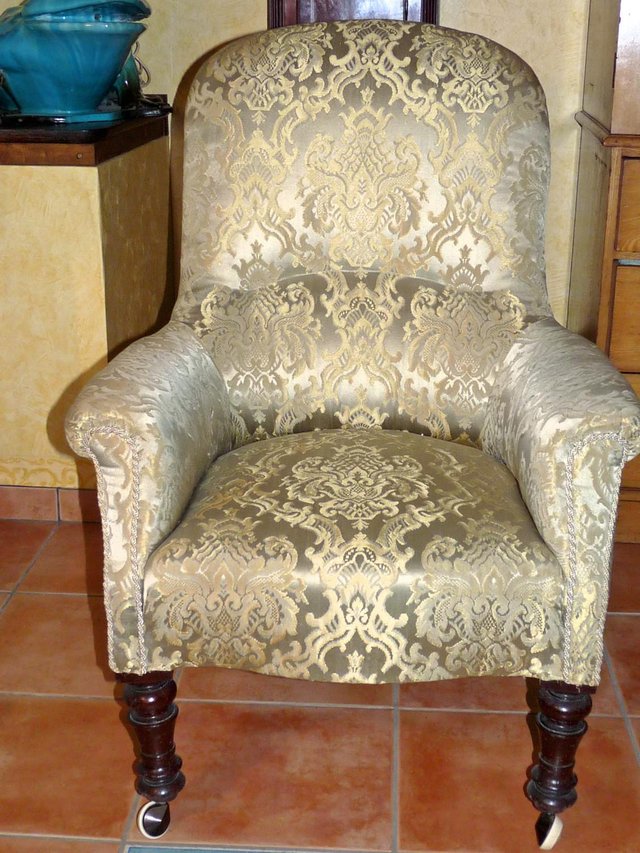 Preview of the first image of Victorian Arm Chair Damask Satin Covered.