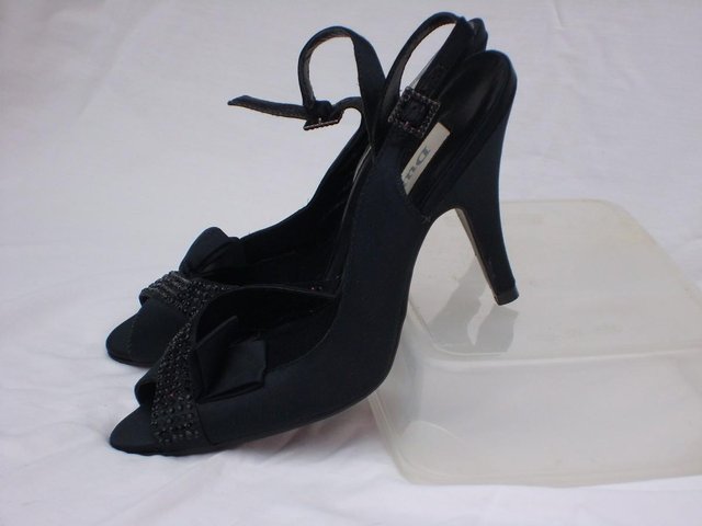 Preview of the first image of DUNE Black Half Bow Satin Sling Backs – Size 6/39 NEW!.