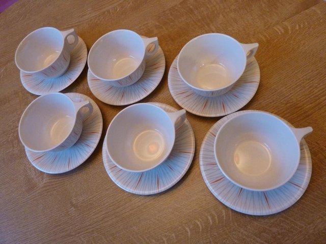 Image 3 of NEW 6 Vintage Ornamin Cups and Saucers – 1950’s grey/orange