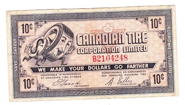Preview of the first image of Vintage Canada Tire Money 1962 10c &1974 25c bills.