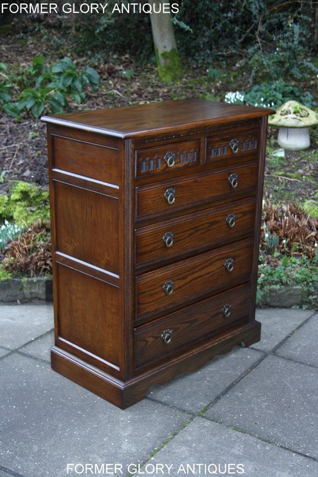 Image 3 of AN OLD CHARM LIGHT OAK TALL CHEST OF DRAWERS SIDEBOARD
