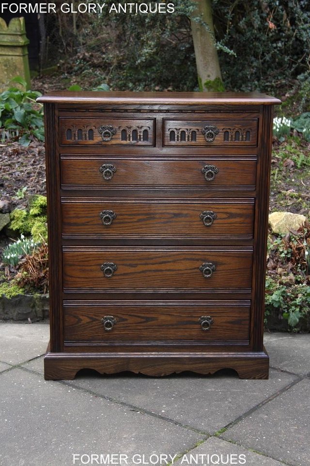Image 6 of AN OLD CHARM LIGHT OAK TALL CHEST OF DRAWERS SIDEBOARD
