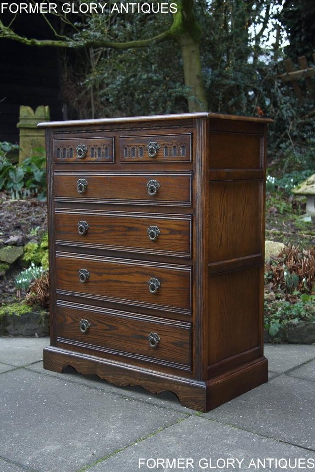 Image 8 of AN OLD CHARM LIGHT OAK TALL CHEST OF DRAWERS SIDEBOARD