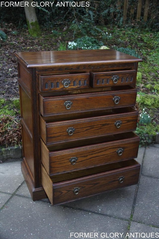 Image 12 of AN OLD CHARM LIGHT OAK TALL CHEST OF DRAWERS SIDEBOARD