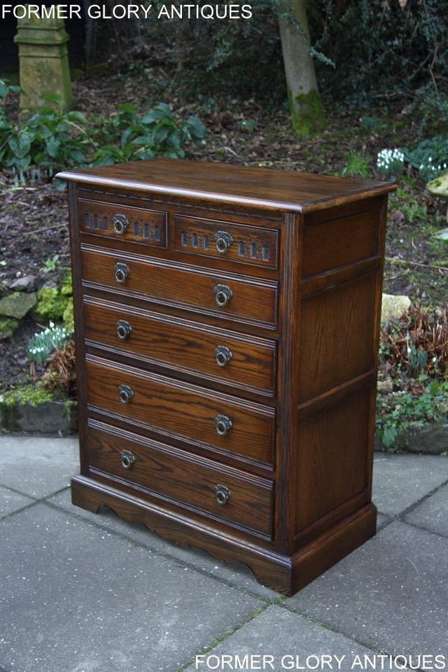 Image 13 of AN OLD CHARM LIGHT OAK TALL CHEST OF DRAWERS SIDEBOARD