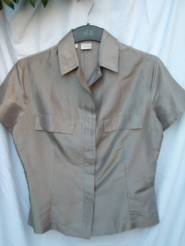 Preview of the first image of MANGO Gold Short Sleeve Silk Shirt Top  – Size 12 (M).