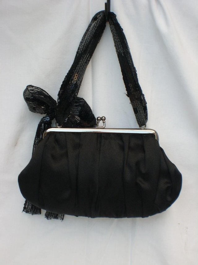 Image 3 of ACCESSORIZE Black Satin Snap Top Eve Handbag & Ribbon Handle