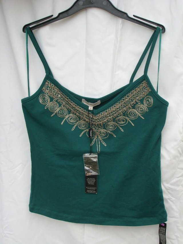Preview of the first image of JOHN ROCHA Teal/Green & Gold Vest Top – Size 12 – NEW!.