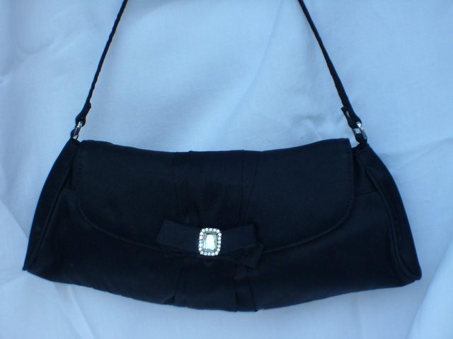 Preview of the first image of Vintage Look Black Satin/Diamante Evening Shoulder Handbag.