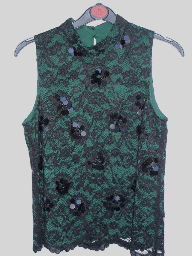 Preview of the first image of COAST High Neck Sleeveless Lace Top – Size 10.