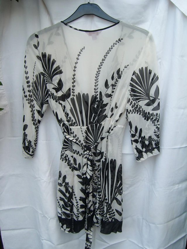 Image 2 of MONSOON Black & White Silk Wrap Over Top – Size 14