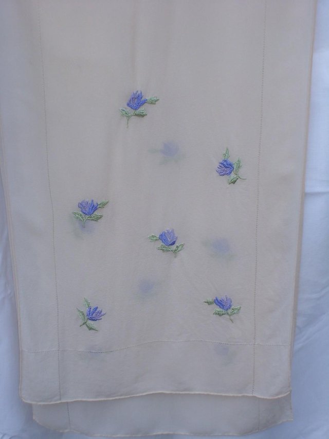 Preview of the first image of Vintage Cream Silk Scarf With Embroidery Flowers.