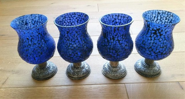 Preview of the first image of MOROCCAN CANDLE HOLDER 4 Large Blue GLASS MOSAIC T-LIGHTS.