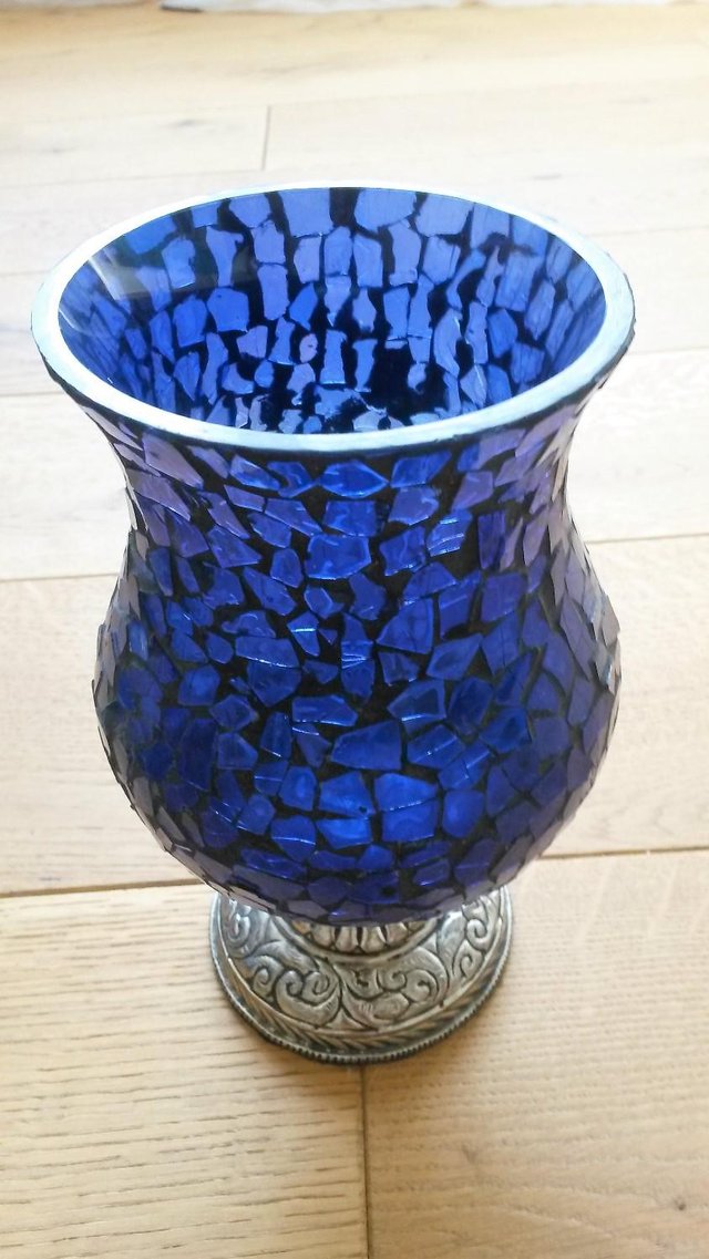 Image 2 of MOROCCAN CANDLE HOLDER 4 Large Blue GLASS MOSAIC T-LIGHTS