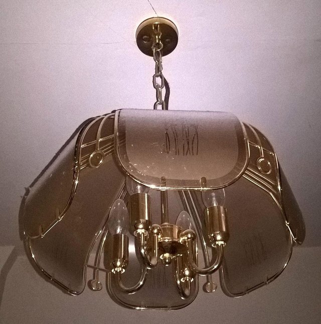 Image 3 of Beautiful Light Pendant Antique Gold w/ Engraved Glass Sha
