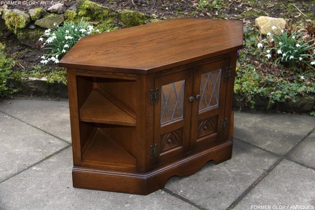 Image 3 of AN OLD CHARM LIGHT OAK CORNER TV DVD CD CABINET STAND TABLE