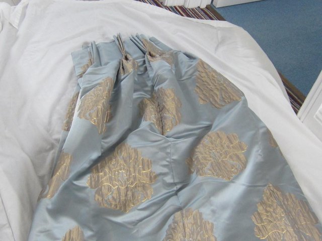 Image 2 of Silky/Satin Curtains - Duck Egg Blue and Pale Gold