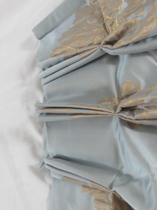 Preview of the first image of Silky/Satin Curtains - Duck Egg Blue and Pale Gold.