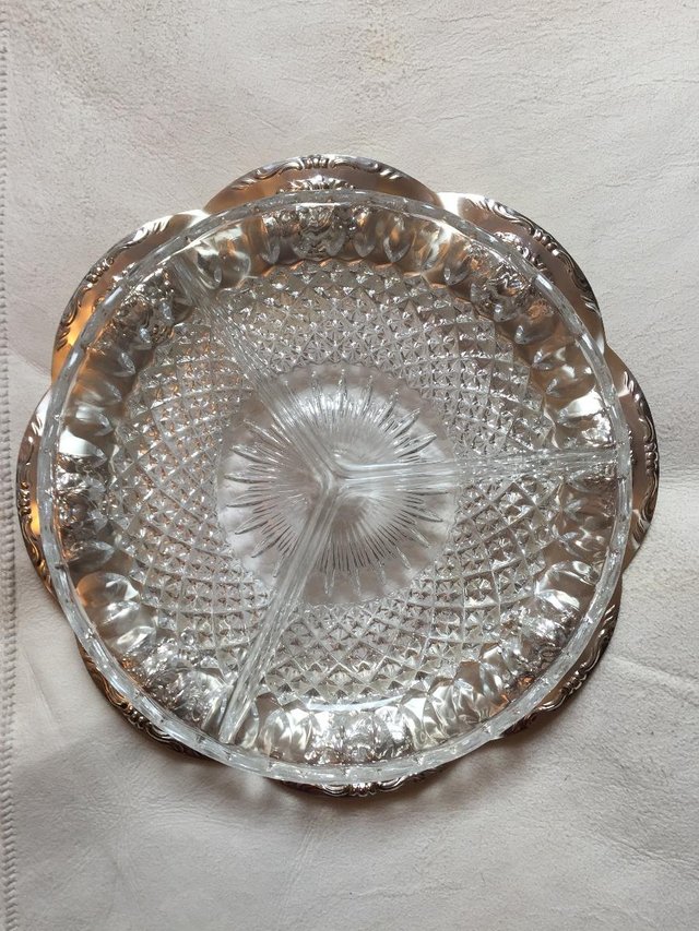 Preview of the first image of Quist clear cut glass bowl with matching silver plate.