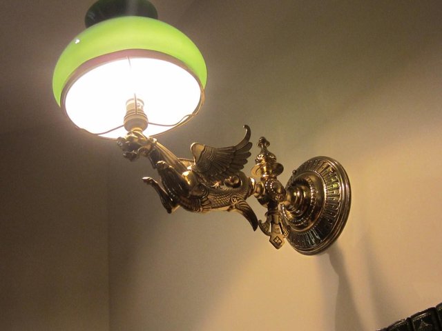 Preview of the first image of Antique Victorian Brass & Glass Shaded Gas Wall Light.
