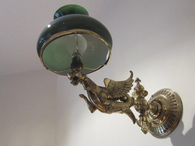 Image 2 of Antique Victorian Brass & Glass Shaded Gas Wall Light