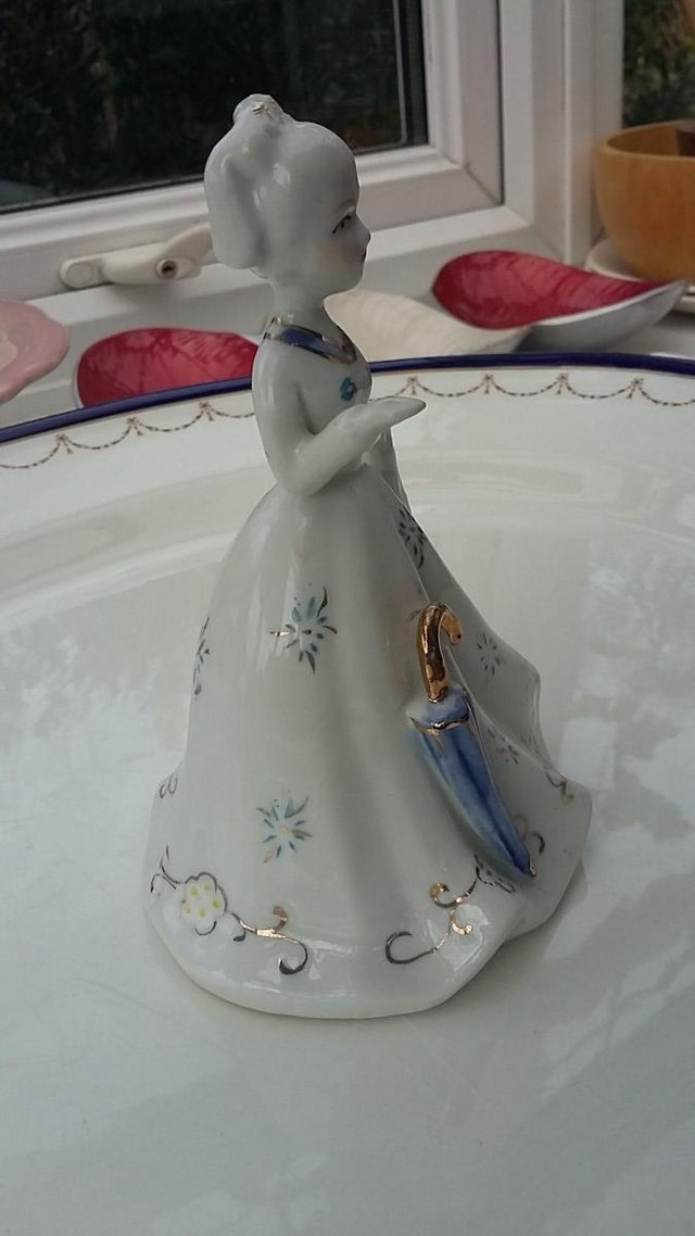 Image 2 of Vintage Victorian Lady Porcelain Figurine Bell Blue Umbrella